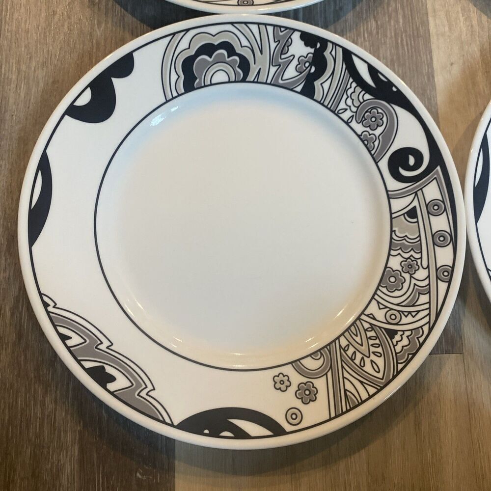 SET 6 CORELLE 10 3/4” LUNCHEON PLATES "NOUVEAU"LIFESTYLES VIVE BLACK/WHITE/ GRAY